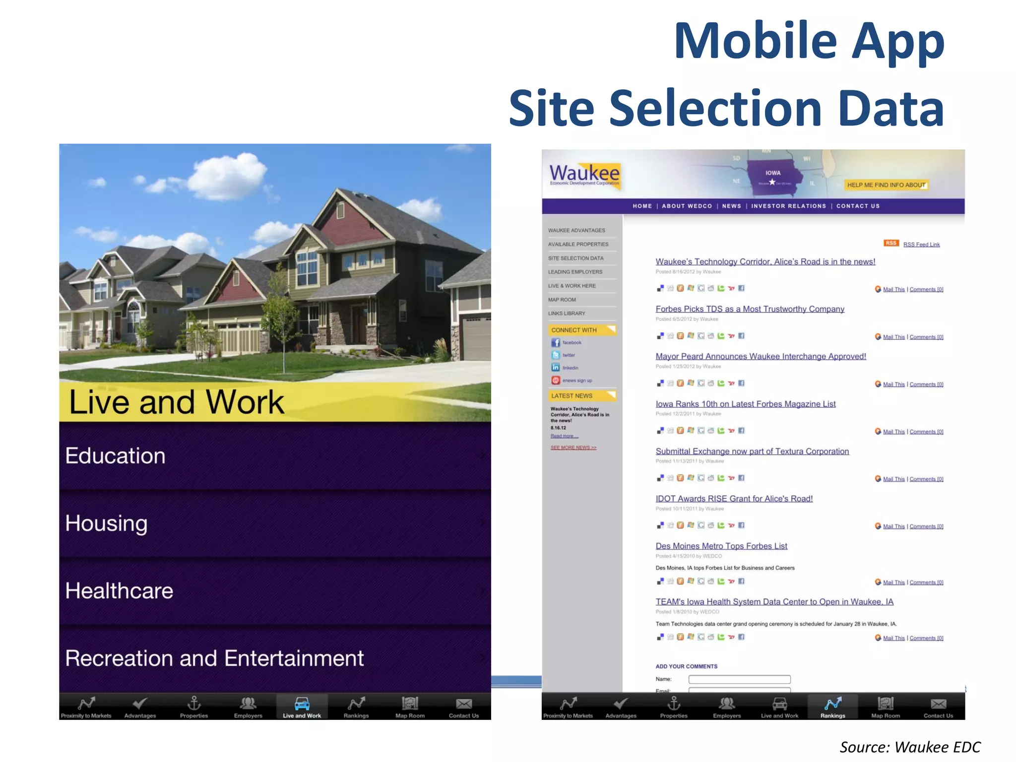 Mobile App
Site Selection Data




              Source: Waukee EDC
 
