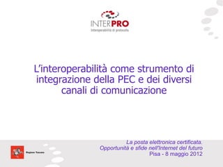 L’interoperabilità come strumento di
 integrazione della PEC e dei diversi
       canali di comunicazione



                         La posta elettronica certificata.
               Opportunità e sfide nell'Internet del futuro
                                   Pisa - 8 maggio 2012
 
