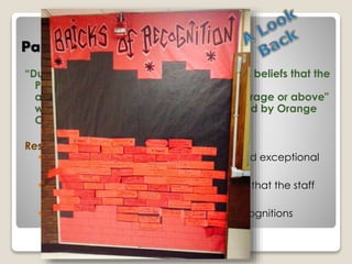 Parent Feedback Goal 
“During the 2013-2014 school year, parents beliefs that the 
Peck Place staff recognizes their child's 
accomplishments "exceptionally" or "average or above" 
will increase from 80% to 86% as measured by Orange 
Climate Survey.” 
Results: 
 Met the goal as 91% of parents responded exceptional 
or average or above. 
 82% of parent agreed or strongly agreed that the staff 
worked hard to recognize kids. 
 70% were aware of classroom-based recognitions 
 