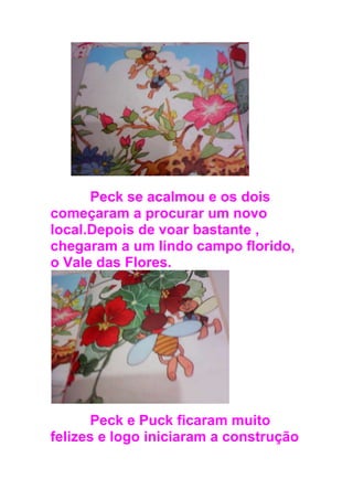 Peck se acalmou e os dois
começaram a procurar um novo
local.Depois de voar bastante ,
chegaram a um lindo campo florido,
o Vale das Flores.
Peck e Puck ficaram muito
felizes e logo iniciaram a construção
 