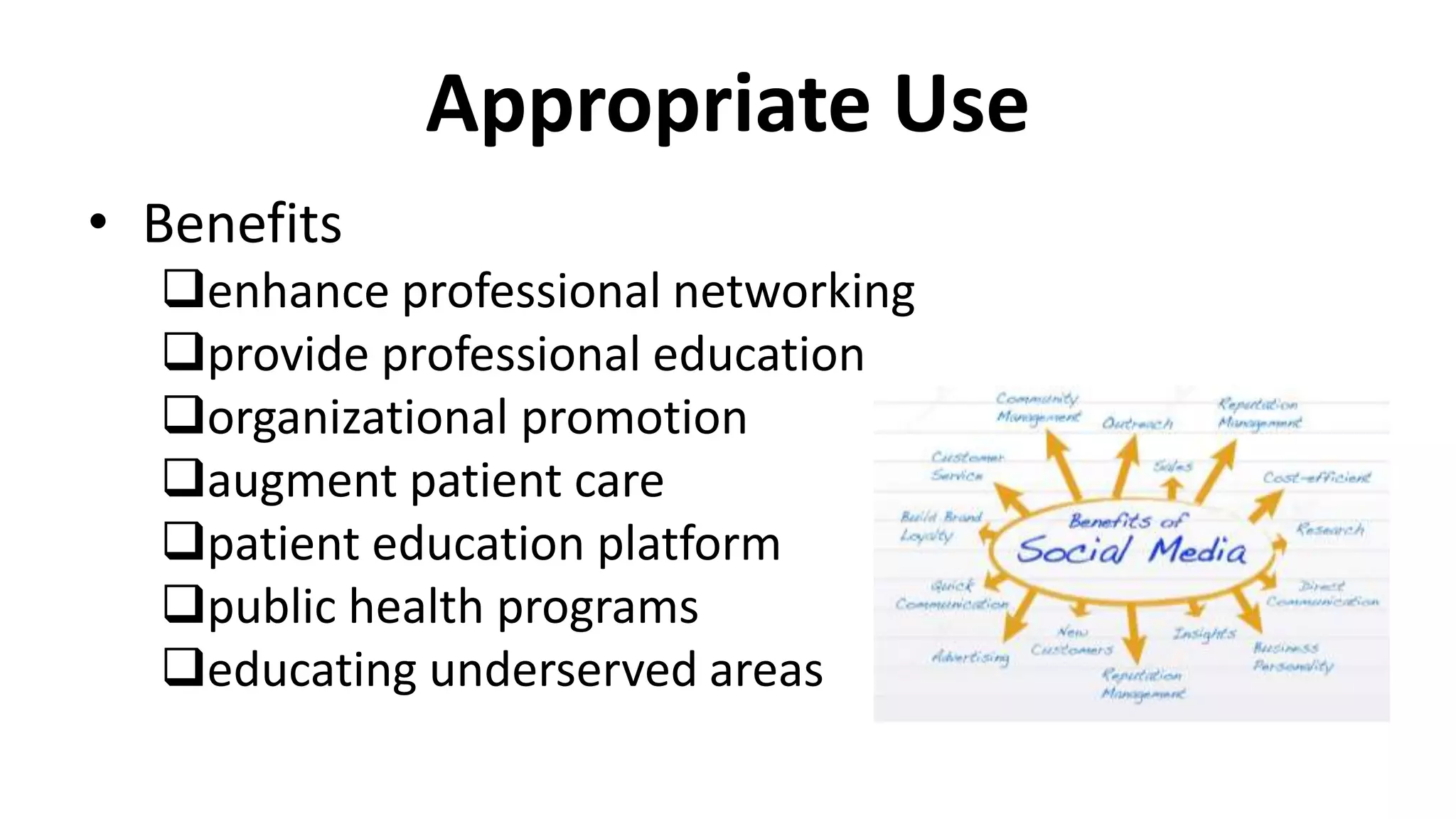 Appropriate Use
• Benefits
enhance professional networking
provide professional education
organizational promotion
augment patient care
patient education platform
public health programs
educating underserved areas
 