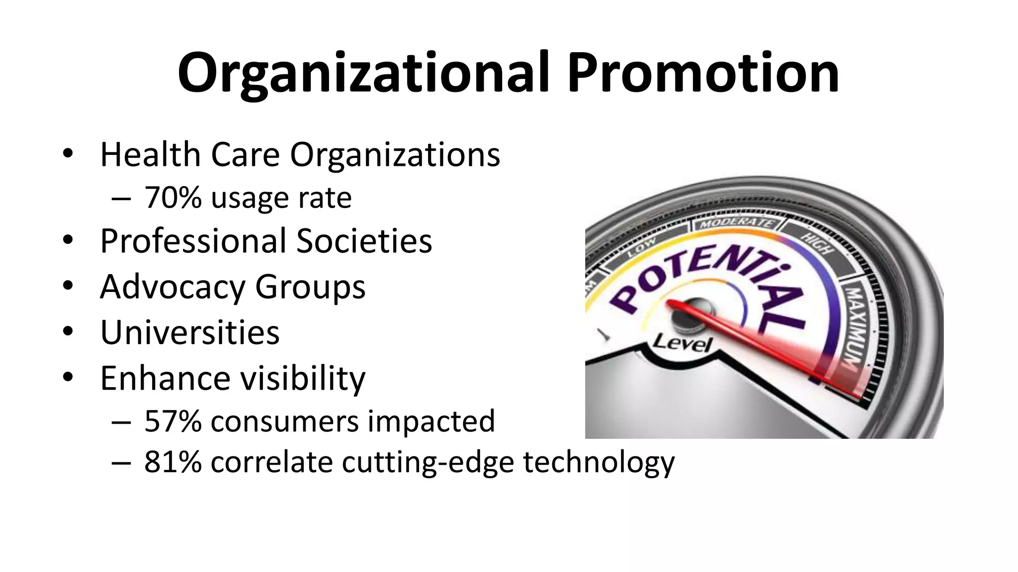 Organizational Promotion
• Health Care Organizations
– 70% usage rate
• Professional Societies
• Advocacy Groups
• Universities
• Enhance visibility
– 57% consumers impacted
– 81% correlate cutting-edge technology
 