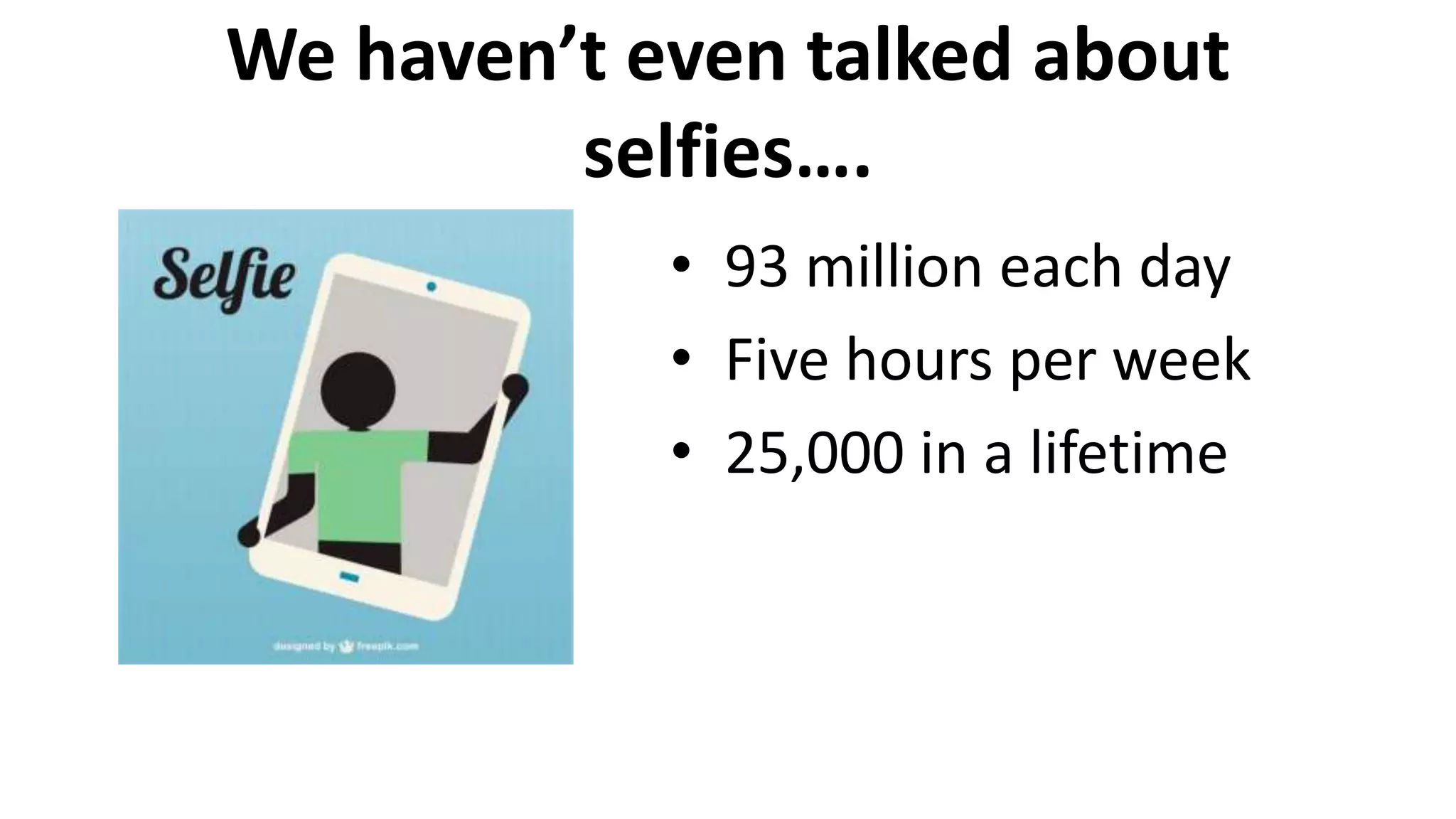 We haven’t even talked about
selfies….
• 93 million each day
• Five hours per week
• 25,000 in a lifetime
 