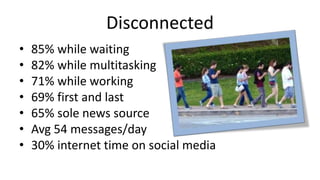 Disconnected
• 85% while waiting
• 82% while multitasking
• 71% while working
• 69% first and last
• 65% sole news source
• Avg 54 messages/day
• 30% internet time on social media
 