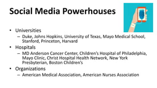 Social Media Powerhouses
• Universities
– Duke, Johns Hopkins, University of Texas, Mayo Medical School,
Stanford, Princeton, Harvard
• Hospitals
– MD Anderson Cancer Center, Children’s Hospital of Philadelphia,
Mayo Clinic, Christ Hospital Health Network, New York
Presbyterian, Boston Children’s
• Organizations
– American Medical Association, American Nurses Association
 