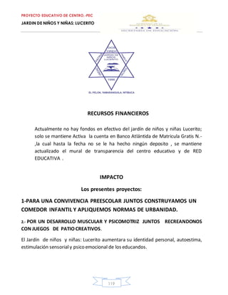 PROYECTO EDUCATIVO DE CENTRO.-PEC
JARDIN DE NIÑOS Y NIÑAS: LUCERITO
119
RECURSOS FINANCIEROS
Actualmente no hay fondos en efectivo del jardín de niños y niñas Lucerito;
solo se mantiene Activa la cuenta en Banco Atlántida de Matricula Gratis N.-
,la cual hasta la fecha no se le ha hecho ningún deposito , se mantiene
actualizado el mural de transparencia del centro educativo y de RED
EDUCATIVA .
IMPACTO
Los presentes proyectos:
1-PARA UNA CONVIVENCIA PREESCOLAR JUNTOS CONSTRUYAMOS UN
COMEDOR INFANTIL Y APLIQUEMOS NORMAS DE URBANIDAD.
2.- POR UN DESARROLLO MUSCULAR Y PSICOMOTRIZ JUNTOS RECREANDONOS
CON JUEGOS DE PATIO CREATIVOS.
El Jardín de niños y niñas: Lucerito aumentara su identidad personal, autoestima,
estimulación sensorialy psico emocional de los educandos.
 