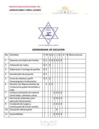 PROYECTO EDUCATIVO DE CENTRO.-PEC
JARDIN DE NIÑOS Y NIÑAS: LUCERITO
132
CRONOGRAMA DE EJECUCION
No Actividad F M A MJ J A S O N Observaciones
1 Sesiones con Padres de Familia X X X X X X X X
2 Cotización de tubos X X X
3 Elaboración Y entrega de perfiles X X
4 Socialización de proyecto X X
5 Envío de solicitud y perfil
Yamaranguila e instituciones.
X X X
6 Reunión con Representantes de
Instituciones gubernamentales y
ongs
X X X
7 Compra o donación de material
como tubos ,cemento y otros
X X X X
8 Acarreo de materiales para
ejecución del proyecto
X X X X
9 Instalación de Juegos y
construcción de la mini cancha
X X X X
10 Evaluación del proyecto X
11 Sostenibilidad X X X X
 