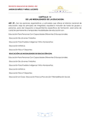PROYECTO EDUCATIVO DE CENTRO.-PEC
JARDIN DE NIÑOS Y NIÑAS: LUCERITO
52
CAPÍTULO I V
DE LAS MODALIDADES DE LA EDUCACION:
ART. 27.- Son las opciones organizativas y curriculares que ofrece el sistema nacional de
educación, bajo los principios de integridad, equidad e inclusión de todos los grupos y
personas, para dar respuesta a requerimientos específicos de formación, sean estos de
carácter permanente o temporales modalidades de educación son:
Educación Para Personas Con Capacidades Diferentes O Excepcionales;
Educación De Jóvenes YAdultos;
Educación Para Pueblos Indígenas YAfro-Hondureños;
Educación Artística;
Educación Física Y Deportes;
EDUCACIÓNLAS MODALIDADES DE EDUCACIÓN SON:
Educación Para Personas Con Capacidades Diferentes O Excepcionales;
Educación De Jóvenes YAdultos;
Educación Para Pueblos Indígenas YAfro-Hondureños;
Educación Artística;
Educación Física Y Deportes;
Educación en Casa- Educación Para La Prevención YRehabilitación Social.
 