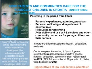 HOW PARENTS AND COMMUNITIES CARE FOR THE 
YOUNGEST CHILDREN IN CROATIA (UNICEF Office 
for Croatia, 2013) 
Parenting in the period from 0 to 6 
- Parents’ experiences, attitudes, practices 
- Personal wellbeing and experience of 
parental role 
- Resources for parenting 
- Acessibility and use of PS services and other 
community resources for young children and 
their parents 
Integrates different systems (health, education, 
welfare) 
Quota samples: 6 months, 1, 3 and 6 years 
(preschool) (representative of child’s gender, 
parents’ education, community size, region) total 
N=1621 (22% fathers) + boost 98 parents of children 
with disability (n=203) 
+ perspectives of low SES parents, parents of 
CWD 
Parenting support services 
=interventions for parents 
aimed at promoting the 
child's welfare and 
development by 
influencing parents' 
understanding and 
fulfilment of their parental 
responsibilities. Address 
knowledge, skills and 
values. 
 