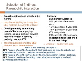 Selection of findings: 
Parent-child interaction 
 Breast-feeding drops sharply at 2-4 
months 
 Less breastfeeding by young, low 
SES mothers, by parents of CWD 
 Developmentaly stimulating 
parents’ behaviors (playing, 
reading, singing, problem-solving) 
reported for last 7 days by 
majority, except 10% 
 less frequent among low SES 
parents, rural communities 
Corporal 
punishment/violence 
 5 % parents of 6-month-olds 
 15 % parents of 1-year-olds 
 35 % parents of 3-year-olds 
(3% every day) 
 20% parents of 6-year-olds 
reported hitting that child 
in the last 7 days 
 Among 1- and 6-year-olds, 
more frequent hitting among 
low SES parents, rural 
communities 
What is the best way to stop CP? 
66% Parents should be helped with their problems so they do not take out 
their dissatisfaction or exhaustion on their children. 
50% Parents should be advised how to bring up children without beatings. 
20% Parents need help in cutting down alcohol consumption and with 
psychological difficulties. 
 