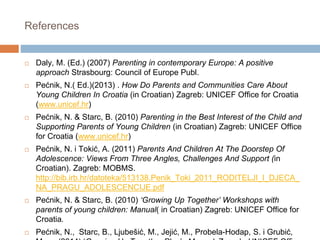 References 
 Daly, M. (Ed.) (2007) Parenting in contemporary Europe: A positive 
approach Strasbourg: Council of Europe Publ. 
 Pećnik, N.( Ed.)(2013) . How Do Parents and Communities Care About 
Young Children In Croatia (in Croatian) Zagreb: UNICEF Office for Croatia 
(www.unicef.hr) 
 Pećnik, N. & Starc, B. (2010) Parenting in the Best Interest of the Child and 
Supporting Parents of Young Children (in Croatian) Zagreb: UNICEF Office 
for Croatia (www.unicef.hr) 
 Pećnik, N. i Tokić, A. (2011) Parents And Children At The Doorstep Of 
Adolescence: Views From Three Angles, Challenges And Support (in 
Croatian). Zagreb: MOBMS. 
http://bib.irb.hr/datoteka/513138.Penik_Toki_2011_RODITELJI_I_DJECA_ 
NA_PRAGU_ADOLESCENCIJE.pdf 
 Pećnik, N. & Starc, B. (2010) ‘Growing Up Together’ Workshops with 
parents of young children: Manual( in Croatian) Zagreb: UNICEF Office for 
Croatia. 
 Pećnik, N., Starc, B., Ljubešić, M., Jejić, M., Probela-Hodap, S. i Grubić, 
M. (2014) ‘Growing Up Together Plus’ : Manual. Zagreb: UNICEF Office 
