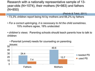 Research with a nationally representative sample of 13- 
year-olds (N=1074), their mothers (N=983) and fathers 
(N=850) 
(Pećnik & Tokić, 2011) 
• 73,3% children report being hit by mothers and 66,2% by fathers 
• For a correct upbringing, it is necessary to hit the child sometimes. 
24.4 
40.6 
7.4 
13.7 
50 
40 
30 
20 
10 
0 
Fathers Mothers 
needed PS 
used PS 
15% mothers agree, 19% undecided 
• children’s views: Parenting schools should teach parents how to talk to 
children 
• Parental (unmet) needs for counseling on parenting 
issues: 
 