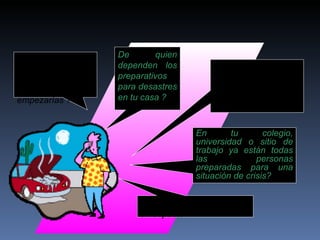 Si los preparativos para desastres en tu casa dependieran de ti por donde empezarías ? De quien dependen los preparativos para desastres en tu casa ? En que momento es adecuado y oportuno iniciar los preparativos para desastres en una empresa? En tu colegio, universidad o sitio de trabajo ya están todas las personas preparadas para una situación de crisis? Cual es tu responsabilidad al respecto? 