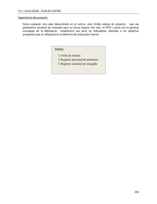 E.E.I. JULIO CÉSAR. PLAN DE CENTRO.
250
Seguimiento del proyecto
Como cualquier otro plan desarrollado en el centro, este tímido esbozo de proyecto que nos
planteamos necesita ser evaluado para su futura mejora. Por ello, el ETCP ( junto con la persona
encargada de la Biblioteca) establecerá una serie de indicadores referidos a los objetivos
propuestos que se reflejarán en la Memoria de evaluación interna.
Anexos:
1.Ficha de lectura
2.Registro personal de préstamo
3.Registro semanal de recogida
 