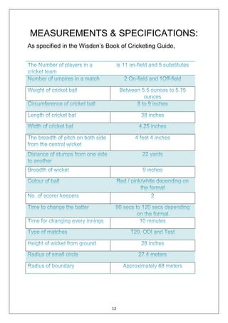 12
MEASUREMENTS & SPECIFICATIONS:
As specified in the Wisden’s Book of Cricketing Guide,
 