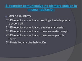 El receptor comunicativo no siempre está en la
              misma habitación

 MOLDEAMIENTO:
1º) El receptor comunicativo se dirige hasta la puerta
  y espera allí.
2º) El receptor comunicativo atraviesa la puerta.
3º) El receptor comunicativo muestra medio cuerpo.
4º) El receptor comunicativo muestra un pie o la
  mano.
5º) Hasta llegar a otra habitación.
 