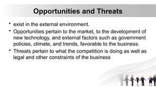 Opportunities and Threats
• exist in the external environment.
• Opportunities pertain to the market, to the development of
new technology, and external factors such as government
policies, climate, and trends, favorable to the business.
• Threats pertain to what the competition is doing as well as
legal and other constraints of the business
 
