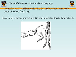 1786:  Galvani’s famous experiments on frog legs He took two dissimilar metals (Zn, Cu) and touched them to the ends of a dead frog’s leg Surprisingly, the leg moved and Galvani attributed this to bioelectricity 