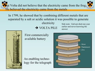 But Volta did not believe that the electricity came from the frog.  He believed the electricity came from the metals In 1799, he showed that by combining different metals that are separated by a salt or acidic solution it was possible to generate electricity    VOLTA PILE First commercially available battery  An enabling techno-logy for the telegraph Side note:  Galvani died one year earlier and never knowing the answer 