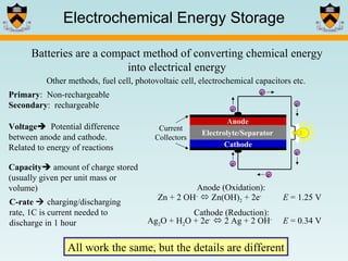 Electrochemical Energy Storage Batteries are a compact method of converting chemical energy into electrical energy Other methods, fuel cell, photovoltaic cell, electrochemical capacitors etc. All work the same, but the details are different C-rate    charging/discharging rate, 1C is current needed to discharge in 1 hour Anode (Oxidation): Zn + 2 OH -    Zn(OH) 2  + 2e - E  = 1.25 V Ag 2 O + H 2 O + 2e -    2 Ag + 2 OH - E  = 0.34 V Cathode (Reduction): e - e - e - e - e - e - Anode Cathode Electrolyte/Separator Current Collectors Primary :  Non-rechargeable Secondary :  rechargeable Voltage    Potential difference between anode and cathode. Related to energy of reactions Capacity   amount of charge stored (usually given per unit mass or volume) 