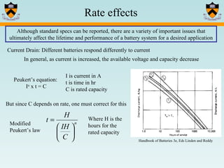 Although standard specs can be reported, there are a variety of important issues that ultimately affect the lifetime and performance of a battery system for a desired application Current Drain: Different batteries respond differently to current In general, as current is increased, the available voltage and capacity decrease Peukert’s equation:  I n  x t = C I is current in A t is time in hr C is rated capacity Modified Peukert’s law But since C depends on rate, one must correct for this Where H is the hours for the rated capacity Handbook of Batteries 3e, Eds Linden and Reddy Rate effects 