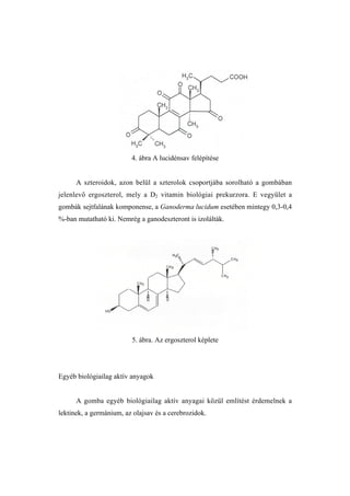 4. ábra A lucidénsav felépítése


      A szteroidok, azon belül a szterolok csoportjába sorolható a gombában
jelenlevő ergoszterol, mely a D2 vitamin biológiai prekurzora. E vegyület a
gombák sejtfalának komponense, a Ganoderma lucidum esetében mintegy 0,3-0,4
%-ban mutatható ki. Nemrég a ganodeszteront is izolálták.




                         5. ábra. Az ergoszterol képlete




Egyéb biológiailag aktív anyagok


      A gomba egyéb biológiailag aktív anyagai közül említést érdemelnek a
lektinek, a germánium, az olajsav és a cerebrozidok.
 