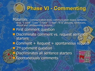 Phase VI - Commenting Materials:  Communication book, communication board, sentence strip, “I want” “I see” “I have” “I hear” “It is” pictures, reinforcers, stimuli and corresponding pictures First comment question Discriminate comment vs. request sentence starters Comment + Request + spontaneous request 2 nd  comment question Discriminates all sentence starters Spontaneously comments 