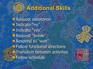 Additional Skills Request assistance Indicate “no” Indicate “yes” Request “break”  Respond to “wait” Follow functional directions  Transition between activities Follow schedule  
