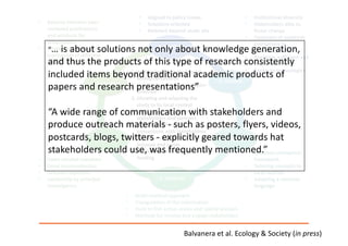 Balvanera et	al.	Ecology	&	Society	(in	press)
“…	is	about	solutions	not	only	about	knowledge	generation,	
and	thus	the	products	of	this	type	of	research	consistently	
included	items	beyond	traditional	academic	products	of	
papers	and	research	presentations”
“A	wide	range	of	communication	with	stakeholders	and	
produce	outreach	materials	- such	as	posters,	flyers,	videos,	
postcards,	blogs,	twitters	- explicitly	geared	towards	hat	
stakeholders	could	use,	was	frequently	mentioned.”
 