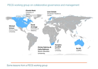 Chanda Meek	
University of
Alaska-
Fairbanks
Ro	Hill
CSIRO
Derek	
Armitage
University of
Waterloo
Christo	Fabricius &	
Cathy	Robinson	
Nelson	Mandela	
University
Lisen Schultz
Stockholm Resilience
Centre
Michael	
Schoon
Arizona State
University
Georgina	
Cundhill
Rhodes
University
Some lessons from a PECS working group
PECS working group on collaborative governance and management
 