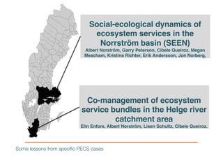 Social-ecological dynamics of
ecosystem services in the
Norrström basin (SEEN)
Albert Norström, Garry Peterson, Cibele Queiroz, Megan
Meacham, Kristina Richter, Erik Andersson, Jon Norberg,
Co-management of ecosystem
service bundles in the Helge river
catchment area
Elin Enfors, Albert Norström, Lisen Schultz, Cibele Queiroz.
Some lessons from specific PECS cases
 
