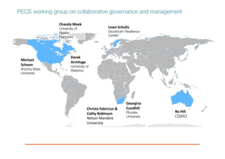 PECS working group on collaborative governance and management
Chanda Meek	
University of
Alaska-
Fairbanks
Ro	Hill
CSIRO
Derek	
Armitage
University of
Waterloo
Christo	Fabricius &	
Cathy	Robinson	
Nelson	Mandela	
University
Lisen Schultz
Stockholm Resilience
Centre
Michael	
Schoon
Arizona State
University
Georgina	
Cundhill
Rhodes
University
 
