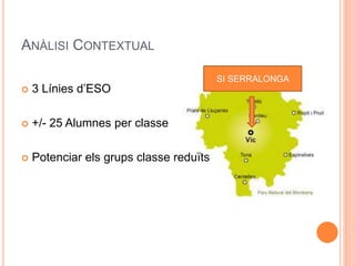 ANÀLISI CONTEXTUAL
 3 Línies d’ESO
 +/- 25 Alumnes per classe
 Potenciar els grups classe reduïts
SI SERRALONGA
 