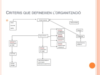CRITERIS QUE DEFINEIXEN L’ORGANITZACIÓ
 La gestió de l’institut es basa en la utilització
d’organismes democràtics en tots els òrgans de
funcionament.
 