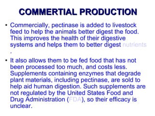 COMMERTIAL PRODUCTION Commercially, pectinase is added to livestock feed to help the animals better digest the food. This improves the health of their digestive systems and helps them to better digest  nutrients .  It also allows them to be fed food that has not been processed too much, and costs less. Supplements containing enzymes that degrade plant materials, including pectinase, are sold to help aid human digestion. Such supplements are not regulated by the United States Food and Drug Administration ( FDA ), so their efficacy is unclear. 