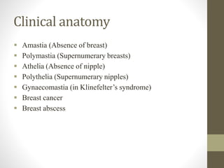 Clinical anatomy
 Amastia (Absence of breast)
 Polymastia (Supernumerary breasts)
 Athelia (Absence of nipple)
 Polythelia (Supernumerary nipples)
 Gynaecomastia (in Klinefelter’s syndrome)
 Breast cancer
 Breast abscess
 