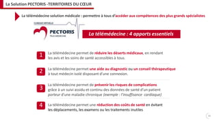 La télémédecine permet de réduire les déserts médicaux, en rendant
les avis et les soins de santé accessibles à tous.
La télémédecine permet une aide au diagnostic ou un conseil thérapeutique
à tout médecin isolé disposant d’une connexion.
La télémédecine permet de prévenir les risques de complications
grâce à un suivi assidu et continu des données de santé d’un patient
porteur d’une maladie chronique (exemple : l’insuffisance cardiaque)
La télémédecine permet une réduction des coûts de santé en évitant
les déplacements, les examens ou les traitements inutiles
1
2
3
4
La télémédecine : 4 apports essentiels
10
La Solution PECTORIS -TERRITOIRES DU CŒUR
La télémédecine solution médicale : permettre à tous d’accéder aux compétences des plus grands spécialistes
 