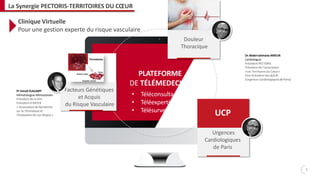 Douleur
Thoracique
UCP
Urgences
Cardiologiques
de Paris
Facteurs Génétiques
et Acquis
du Risque Vasculaire
Dr AbderrahmaneAMEUR
Cardiologue
Président PECTORIS
Président de l’association
«Les Territoires du Cœur»
Vice-Président des U.C.P.
(Urgences Cardiologiques deParis)
Pr Ismail ELALAMY
Hématologue-Hémostasien
Président de la SFA
Président d’ARTER
« Association de Recherche
sur la Thrombose et
l’Evaluation de son Risque»
3
PLATEFORME
DE TÉLÉMEDECINE
• Téléconsulta
• Téléexperti
• Télésurvei
La Synergie PECTORIS-TERRITOIRES DU CŒUR
Clinique Virtuelle
Pour une gestion experte du risque vasculaire
 