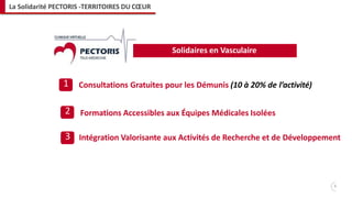 Consultations Gratuites pour les Démunis (10 à 20% de l’activité)1
2
Solidaires en Vasculaire
Formations Accessibles aux Équipes Médicales Isolées
3 Intégration Valorisante aux Activités de Recherche et de Développement
6
La Solidarité PECTORIS -TERRITOIRES DU CŒUR
 