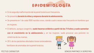 Es la segunda malformación de la pared torácica en frecuencia.
Se presenta durante la niñez y empeora durante la adolescencia.
Se presenta en 1 de cada 1500 nacidos vivos, siendo cuatro veces más frecuente en hombres que
en mujeres.
El defecto, aunque congénito, suele hacerse evidente a partir de los 7-9 años y suele aumentar
con el crecimiento en la adolescencia y, en las mujeres, suele provocar una posición no
simétrica de las mamas.
25% de los pacientes afectados tienen antecedentes
familiares de anomalías de la pared torácica.
E PIDE M IOL OG ÍA
PECTUS CARINATUM GÉNESIS MARTÍNEZ | X SEMESTREt
>
 