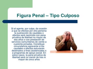 Figura Penal – Tipo Culposo
 
Si el agente, por culpa, da ocasión 
a que se efectúe por otra persona 
la sustracción de caudales o 
efectos será reprimido con pena 
privativa de libertad no mayor de 
dos años o con prestación de 
servicios comunitarios de veinte a 
cuarenta jornadas. Constituye 
circunstancia agravante si los 
caudales o efectos estuvieran 
destinados a fines asistenciales o 
a programas de apoyo social. En 
estos casos, la pena privativa de 
libertad será no menor de tres ni 
mayor de cinco años
 