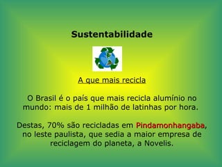 Sustentabilidade A que mais recicla   O Brasil é o país que mais recicla alumínio no mundo: mais de 1 milhão de latinhas por hora.  Destas, 70% são recicladas em  Pindamonhangaba , no leste paulista, que sedia a maior empresa de reciclagem do planeta, a Novelis. 