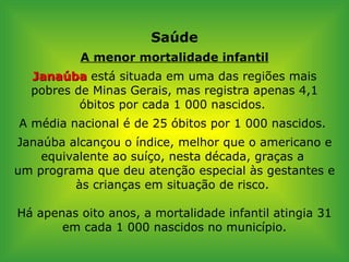 Saúde A menor mortalidade infantil Janaúba   está situada em uma das regiões mais pobres de Minas Gerais, mas registra apenas 4,1 óbitos por cada 1 000 nascidos.  A média nacional é de 25 óbitos por 1 000 nascidos.  Janaúba alcançou o índice, melhor que o americano e equivalente ao suíço, nesta década, graças a  um programa que deu atenção especial às gestantes e às crianças em situação de risco.  Há apenas oito anos, a mortalidade infantil atingia 31 em cada 1 000 nascidos no município. 