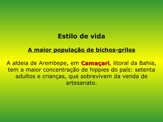 Estilo de vida A maior população de bichos-grilos A aldeia de Arembepe, em  Camaçari , litoral da Bahia, tem a maior concentração de hippies do país: setenta adultos e crianças, que sobrevivem da venda de artesanato. 