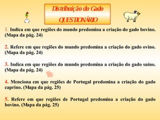 Distribuição do Gado QUESTIONÁRIO 1.   Indica em que regiões do mundo predomina a criação do gado bovino. (Mapa da pág. 24) 2.  Refere em que regiões do mundo predomina a criação do gado ovino. (Mapa da pág. 24) 3.  Indica em que regiões do mundo predomina a criação do gado suíno. (Mapa da pág. 24) 4.  Menciona em que regiões de Portugal predomina a criação do gado caprino. (Mapa da pág. 25) 5.  Refere em que regiões de Portugal predomina a criação do gado bovino. (Mapa da pág. 25) 