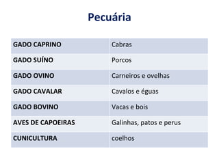 Pecuária GADO CAPRINO Cabras GADO SUÍNO Porcos GADO OVINO Carneiros e ovelhas GADO CAVALAR Cavalos e éguas GADO BOVINO Vacas e bois AVES DE CAPOEIRAS Galinhas, patos e perus CUNICULTURA coelhos 