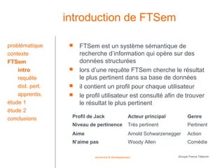 introduction de FTSem

problématique         FTSem est un système sémantique de
contexte               recherche d’information qui opère sur des
FTSem                  données structurées
    intro             lors d’une requête FTSem cherche le résultat
    requête            le plus pertinent dans sa base de données
    dist. pert.       il contient un profil pour chaque utilisateur
    apprentis.        le profil utilisateur est consulté afin de trouver
étude 1                le résultat le plus pertinent
étude 2
conclusions        Profil de Jack                   Acteur principal         Genre
                   Niveau de pertinence             Très pertinent           Pertinent
                   Aime                             Arnold Schwarzenegger    Action
                   N’aime pas                       Woody Allen              Comédie

                             recherche & développement                 Groupe France Télécom
 