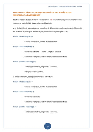 PROJECTE EDUCATIU DE CENTRE INS Doctor Puigvert
16
ORGANITZACIÓ DELS CURSOS EN FUNCIÓ DE LES MATÈRIES DE
MODALITAT A BATXILLERAT
Les tres modalitats de batxillerat s’ofereixen en 6 5 circuits tancats per donar coherència i
seguiment metodològic als estudis postobligatoris.
A 1r de batxillerat, les matèries de modalitat de 4 hores es complementen amb 2 hores de
les matèries específiques de centre per poder treballar per Reptes. Així:
Circuit Arts Escèniques →
- Cultura audiovisual, teatre, música i dansa.
Circuit Social-humanístic →
- Literatura catalana i Taller d’Escriptura creativa.
- Economia d’empresa, Estada a l’empresa i cooperatives.
Circuit Científic-Tecnològic→
- Tecnologia industrial, enginyeria i Robòtica.
- Biologia, Física i Química.
A 2n de Batxillerat, es segueix la mateixa estructura:
Circuit Arts Escèniques →
- Cultura audiovisual, teatre, música i dansa.
Circuit Social-humanístic →
- Literatura castellana
- Economia d’empresa, Estada a l’empresa i cooperatives.
Circuit Científic-Tecnològic→
- Tecnologia industrial, enginyeria i Robòtica.
 