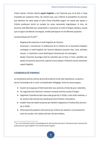 PROJECTE EDUCATIU DE CENTRE INS Doctor Puigvert
29
D’altre banda, l’institut ofereix suport lingüístic a tot l’alumnat que no té dret a l’aula
d’acollida per qualsevol motiu. De manera que, que s’ofereix la possibilitat als alumnes
que demanin de rebre ajuda al tutor d’aula d’acollida puguin ser atesos per aquest o
d’altres professors tenint en compte les seves necessitats lingüístiques. A més, els
alumnes amb dificultats per comprendre o comunicar-se amb la llengua catalana, encara
que no siguin considerats nouvinguts, també participaran en els diferents projectes.
Característiques de l’SL-AA13
:
- Adaptació de materials al nivell lingüístic de l’alumne.
- Assessorar i conscienciar el professorat de la matèria de la necessitat d’adaptar
continguts al nivell lingüístic de l’alumne (destacar paraules clau, crear activitats
visuals...) i incentivar a crear dinàmiques inclusives per als nouvinguts.
- Ajudar l’alumnat nouvingut amb les activitats que es facin a l’aula i aprofitar per
ajudar els alumnes que ja han superat la seva estada a l’AA però encara necessiten
suport lingüístic.
COORDINACIÓ PRIMSEC
La coordinació amb els centres de primària adscrits és de vital importància. La porta a
terme l’orientadora de 1r cicle i el Coordinador Pedagògic. Entre les seves tasques:
● Assistir als traspassos d’informació dels nous alumnes a finals de juny i setembre.
● Fer seguiment de l’alumnat i mantenir contacte amb les escoles d’origen.
● Organitzar l’assistència dels tutors dels grups de 1r d’ESO, a més d’ells mateixos, a
les sessions del seminari de coordinació entre Primària i Secundària.
● Establir línies de treball conjuntes per facilitar l’adaptació a l’Institut dels alumnes
de 1r d’ESO.
● Potenciació de projectes intercentres per millorar les relacions i el coneixement
entre les escoles i els instituts del barri de Sant Andreu.
13
Per a més informació sobre la metodologia de SL-AA consultar document “Informació sobre l’actuació del
professorat de suport lingüístic” de l’Institut Doctor Puigvert.
 