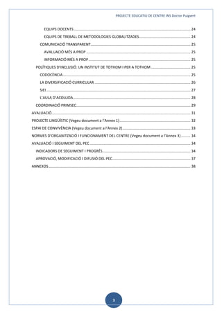 PROJECTE EDUCATIU DE CENTRE INS Doctor Puigvert
3
EQUIPS DOCENTS ................................................................................................................. 24
EQUIPS DE TREBALL DE METODOLOGIES GLOBALITZADES.................................................. 24
COMUNICACIÓ TRANSPARENT................................................................................................. 25
AVALUACIÓ MÉS A PROP ..................................................................................................... 25
INFORMACIÓ MÉS A PROP................................................................................................... 25
POLÍTIQUES D’INCLUSIÓ: UN INSTITUT DE TOTHOM I PER A TOTHOM ...................................... 25
CODOCÈNCIA............................................................................................................................ 25
LA DIVERSIFICACIÓ CURRICULAR ............................................................................................. 26
SIEI............................................................................................................................................ 27
L’AULA D’ACOLLIDA.................................................................................................................. 28
COORDINACIÓ PRIMSEC............................................................................................................... 29
AVALUACIÓ....................................................................................................................................... 31
PROJECTE LINGÜÍSTIC (Vegeu document a l’Annex 1)..................................................................... 32
ESPAI DE CONVIVÈNCIA (Vegeu document a l’Annex 2).................................................................. 33
NORMES D’ORGANITZACIÓ I FUNCIONAMENT DEL CENTRE (Vegeu document a l’Annex 3)......... 34
AVALUACIÓ I SEGUIMENT DEL PEC.................................................................................................. 34
INDICADORS DE SEGUIMENT I PROGRÉS..................................................................................... 34
APROVACIÓ, MODIFICACIÓ I DIFUSIÓ DEL PEC............................................................................ 37
ANNEXOS.......................................................................................................................................... 38
 